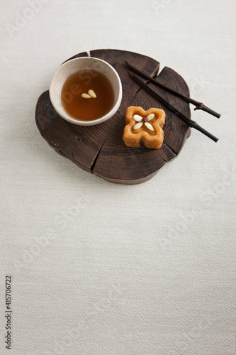 Korean traditional sweets, Hangwa (Yakgwa) and persimmon punch (Sujeonggwa) photo