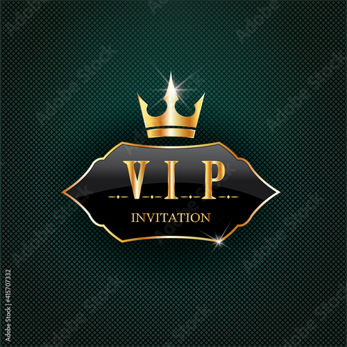 Vip black label with golden crown. Cover of VIP card. Luxury Creative  design for invitation, greeting card,  poster, brochure, label on dark background. Vector premium card design. photo