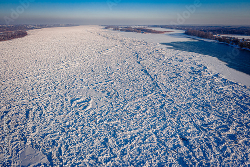 Aerial view of ice jam on Vistula River in winter