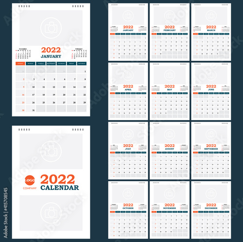 Calendar template for 2022 year. Vector Planner diary design for Corporate and business calendar. Week Starts Sunday.