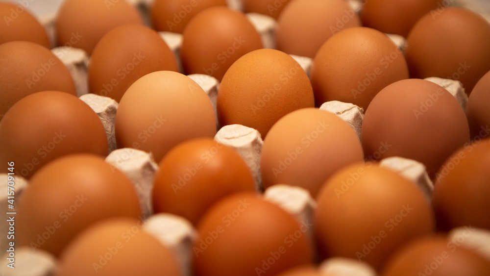 Close up raw brown packing fresh eco friendly organic chicken eggs cardboard set paper package tray shop supermarket grocery farm factory counter industry poultry conveyor shelf. Food cooking products Close up raw brown packing fresh eco friendly organic chicken eggs cardboard set paper package tray shop supermarket grocery farm factory counter industry poultry conveyor shelf. Food cooking products