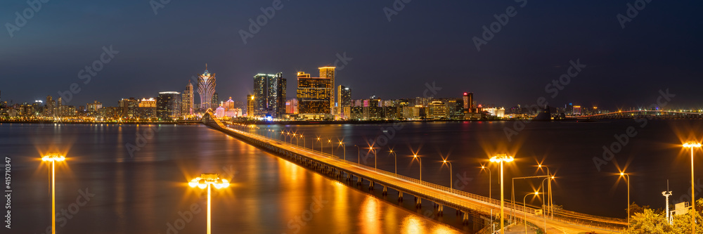 Taipa Bridge & Macau Cityscape from Taipa Island at night, Macau