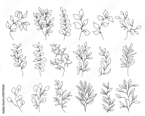 Continuous Line Drawing Set Of Flowers, Plants, Leaves Black Sketch Isolated on White Background. Flowers One Line Illustration Set. Minimalist Botanical Drawing. Vector EPS 10.