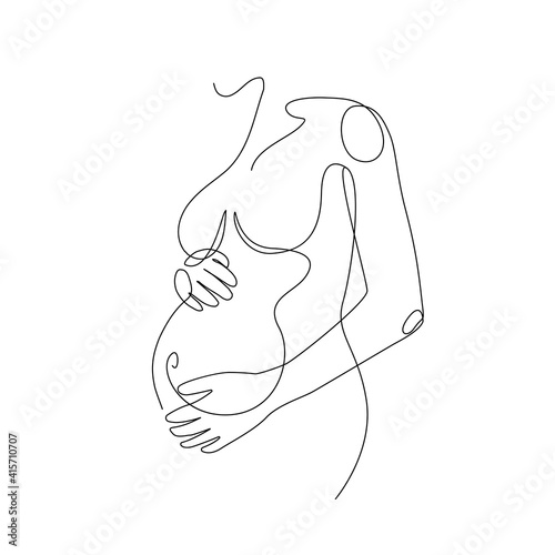 Pregnant Woman Continuous Line Drawing. Single Line Drawing of Pregnant Woman. Happy Mother Minimalist Contour Illustration. Vector EPS 10.	