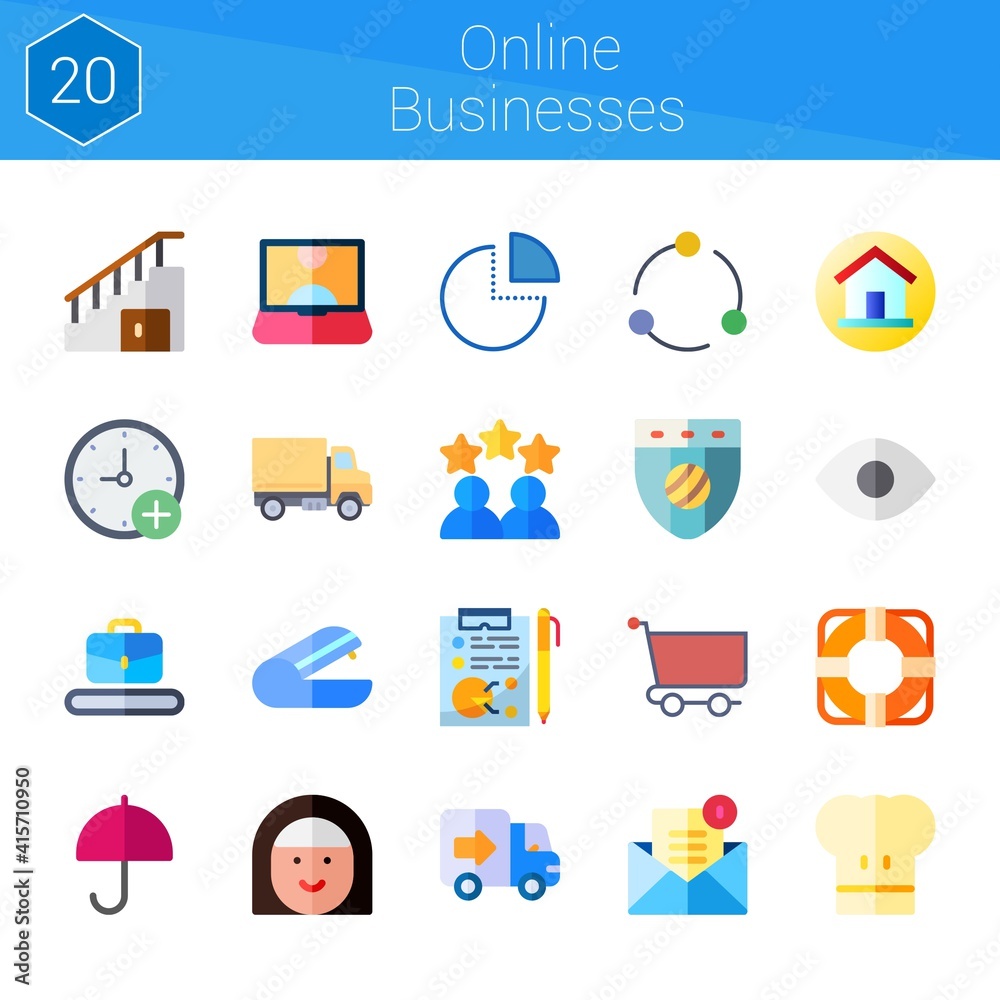 online businesses icon set. 20 flat icons on theme online businesses. collection of conveyor, chef hat, stapler, mail, umbrella, stairs, rating, pie chart, avatar, delivery truck online businesses icon set. 20 flat icons on theme online businesses. collection of conveyor, chef hat, stapler, mail, umbrella, stairs, rating, pie chart, avatar, delivery truck