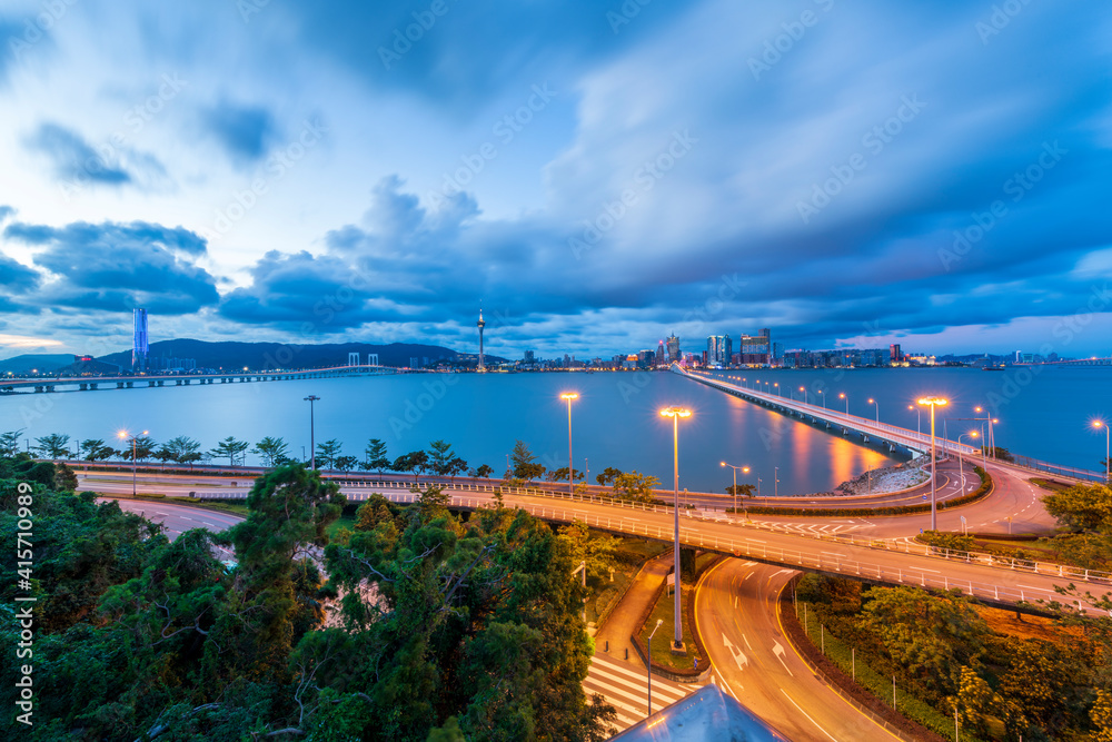 Taipa Bridge & Macau Cityscape from Taipa Island at Evening, Macau Taipa Bridge & Macau Cityscape from Taipa Island at Evening, Macau