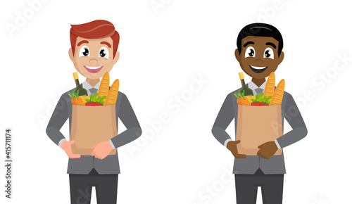 Businessman carrying grocery shopping bag with vegetables. Businessman holding grocery shopping bag with healthy food.