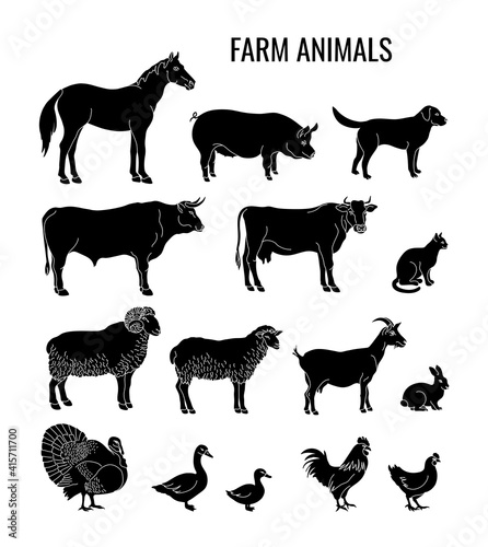 Farm animals silhouettes set of horse, pig, dog, bull, cow, cat, ram, sheep, goat, rabbit, turkey, goose, duck, rooster, chicken. Vector illustration