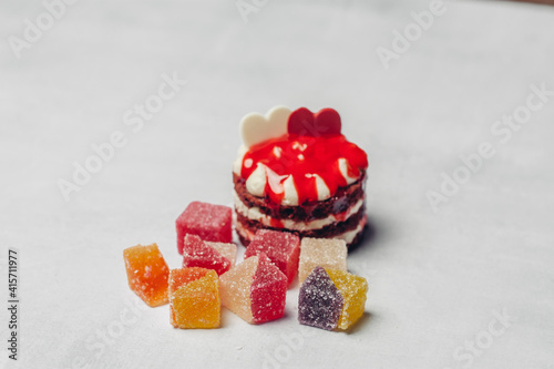 red round cake sweets meal dessert with tea wooden background