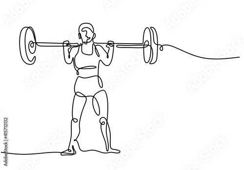 One single line drawing of young sportive man training lift barbell on bench press in sport gymnasium club center. Fitness stretching concept isolated on white background. Vector illustration