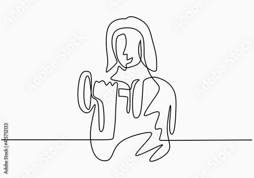 Continuous one line drawing of strong woman lifting weights. Young energetic girl exercise lifting barbell in gym fitness center. Squats with barbell linear design element. Vector illustration