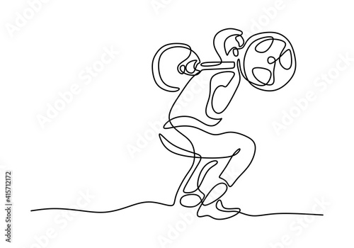 One single line drawing of young sportive man training lift barbell on bench press in sport gymnasium club center. Fitness stretching concept isolated on white background. Vector illustration