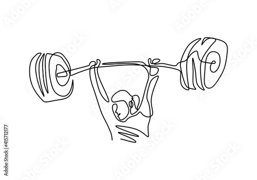 Continuous line drawing of young strong weightlifter woman preparing for barbell workout in gym isolated on white background. Weight lifting training concept. Character lady working out