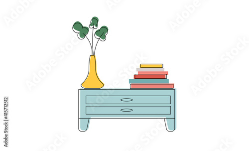 Chest of drawers or nightstand in line art style. A houseplant and books are on the cupboard. Vector illustration.