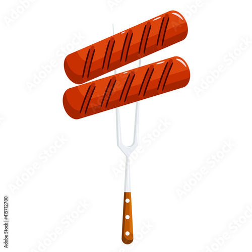 Two grilled sausages on a fork on a white background