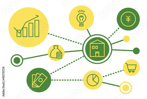 社会とお金のつながり　シンプルなアイコン　黄色の緑色