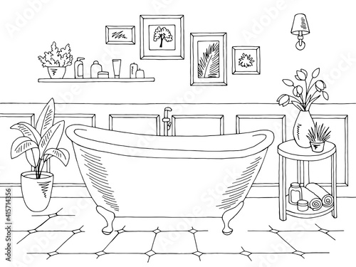 Bathroom graphic home interior black white sketch illustration vector 