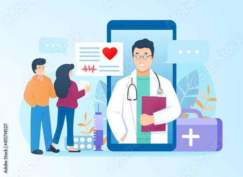 Doctor consults patients online through mobile application at smartphone in flat style. Family get consultation from cardiologist. Pharmacy support, medicine or medical healthcare services concept.