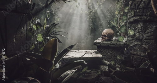Fotografia Human skull and ancient ruins in the jungle