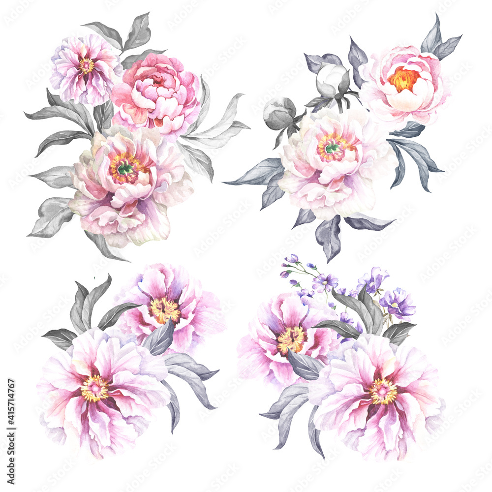 set of flowers bouquets.watercolor peonies