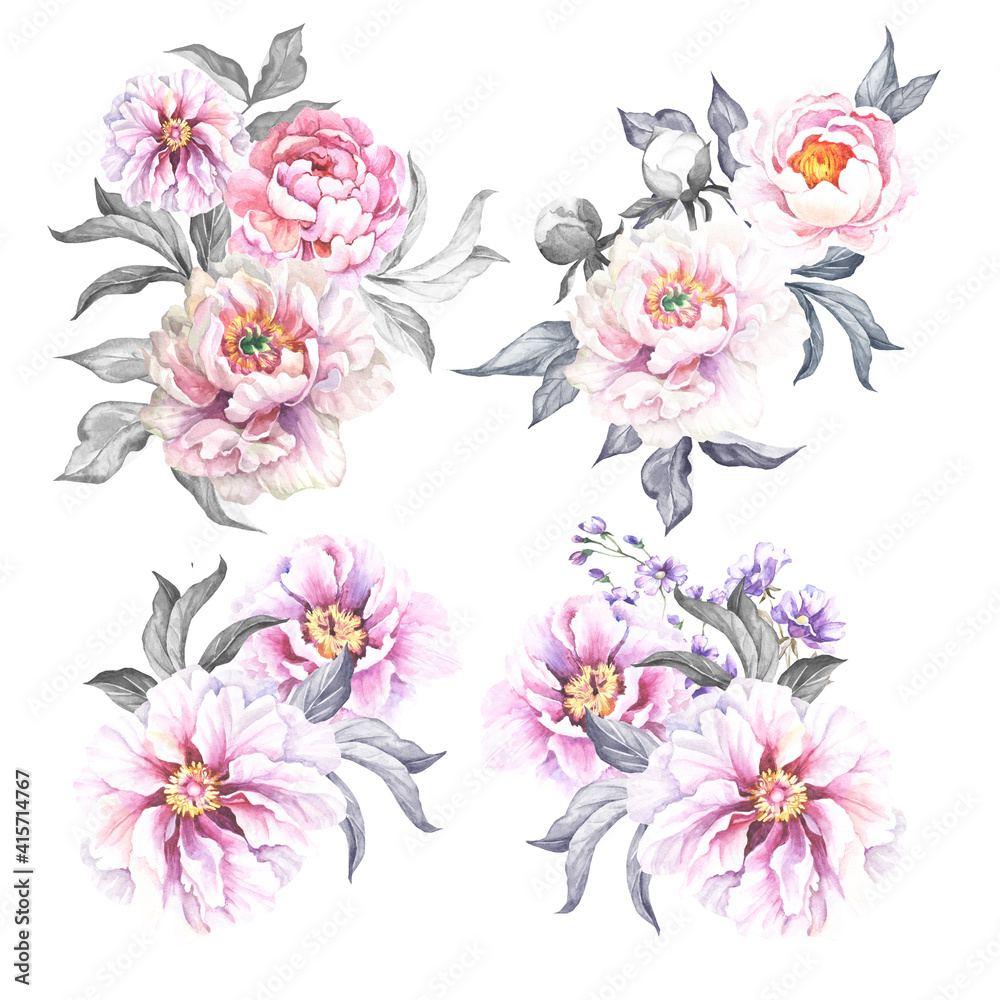 set of flowers bouquets.watercolor peonies set of flowers bouquets.watercolor peonies