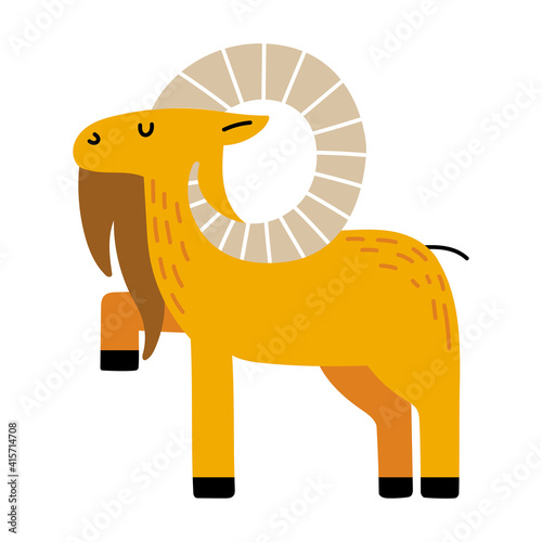 Male mountain goat and urial isolated on white background in doodle style. Flat or cartoon cute vector illustration.