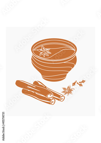 Editable Isolated Flat Monochrome Style Indian Masala Chai in Pottery Cup With Assorted Herb Spices Vector Illustration for Artwork Element of Beverages With South Asian Culture and Tradition Design