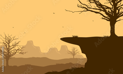 Beautiful Mountain views with silhouettes of dry trees. Vector illustration
