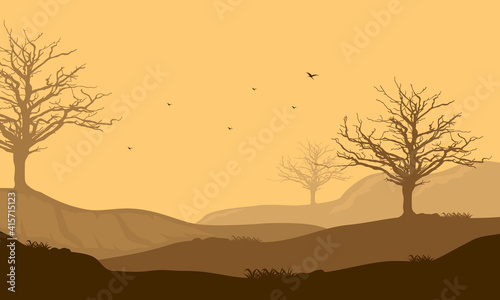 Beautiful silhouette of mountains and trees at dusk. Vector illustration