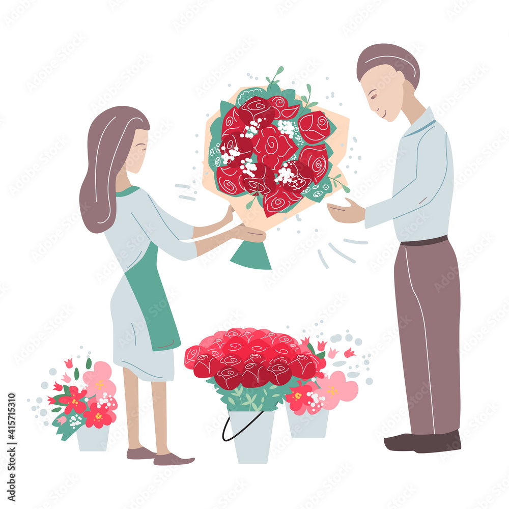 Flower shop worker helps man choosing floral present - a big bunch of roses. Two persons isolated on white background. Illustration can be used for flower and garden shops. Flower shop worker helps man choosing floral present - a big bunch of roses. Two persons isolated on white background. Illustration can be used for flower and garden shops.