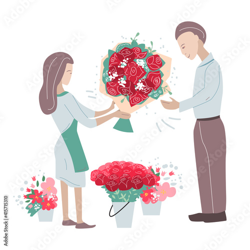 Flower shop worker helps man  choosing floral present - a big bunch of roses. Two persons isolated on white background. Illustration can be used for flower and garden shops.