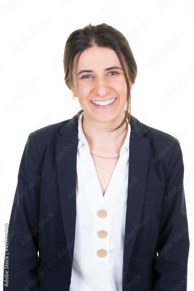 business woman young pretty in black suit isolated on white studio portrait background business woman young pretty in black suit isolated on white studio portrait background