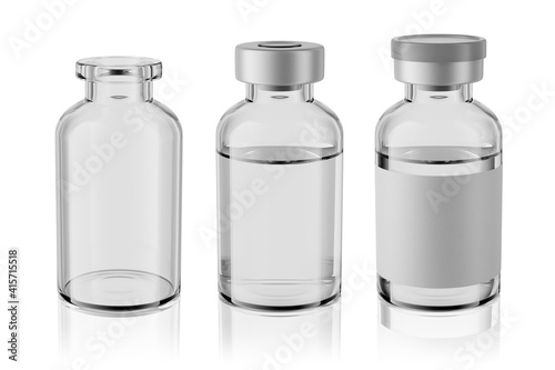 Vaccine clear glass injection vials set isolated. 3d rendering mockup.