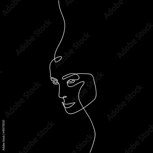 Continuous line envious face. Hand drawn line art of person who looks sullen. Contemporary minimalist portrait isolated on black background. Dislike, negative emotions concept. Vector