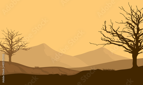 Beautiful sky color at dusk with a silhouette view of mountains and trees. Vector illustration