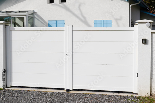 portal white metal aluminum house gate street view