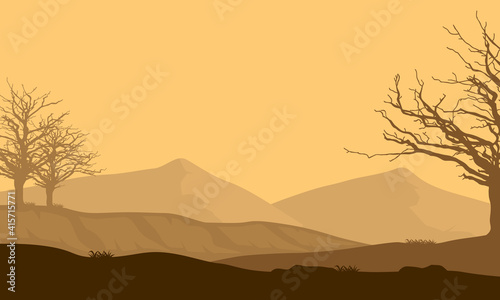 Beautiful silhouettes of dry trees and Desert Mountains at sundown. Vector illustration