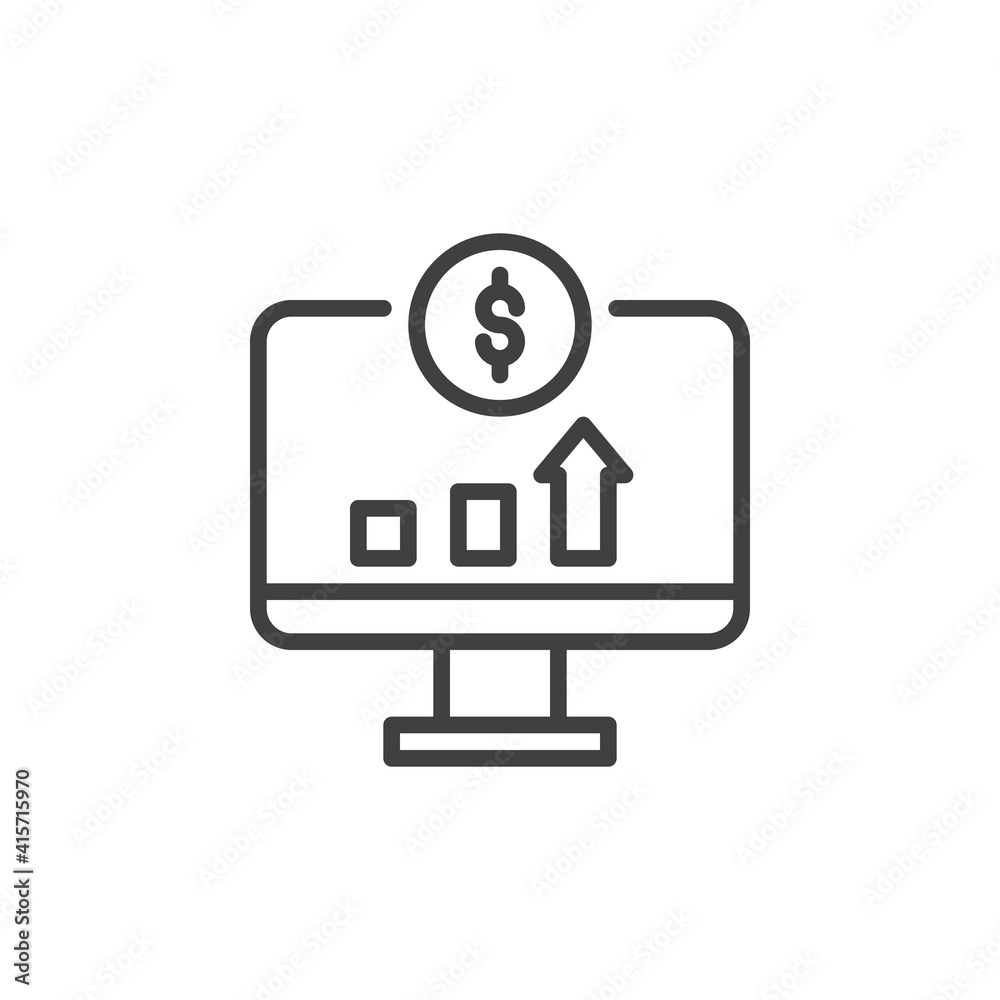Dollar online statistics line icon. linear style sign for mobile concept and web design. Computer monitor with dollar diagram outline vector icon. Symbol, logo illustration. Vector graphics Dollar online statistics line icon. linear style sign for mobile concept and web design. Computer monitor with dollar diagram outline vector icon. Symbol, logo illustration. Vector graphics