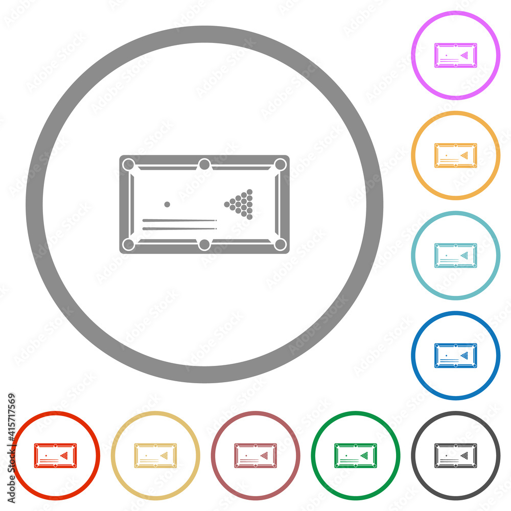 Billiard game with balls and cues flat icons with outlines Billiard game with balls and cues flat icons with outlines