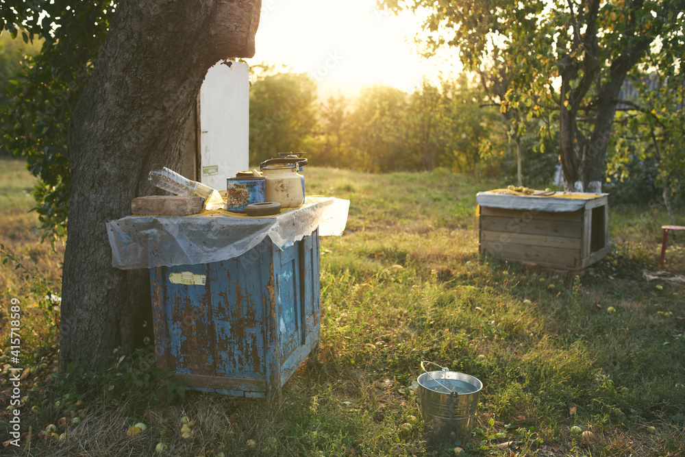 old tools on a wooden table bucket trees summer green grass renovation old tools on a wooden table bucket trees summer green grass renovation