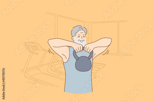 Active joyful elderly people lifestyle and fit concept. Smiling cheerful hipster senior man training in gym making sports workout with dumbbels enjoying active life vector illustration 