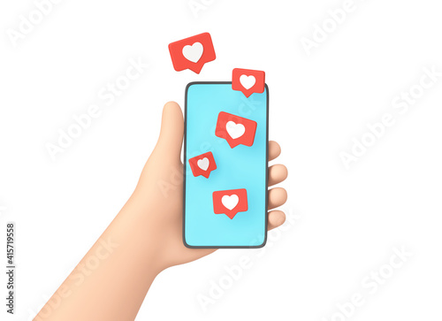 Cartoon hand holding smartphone with Like symbols. Social media concept