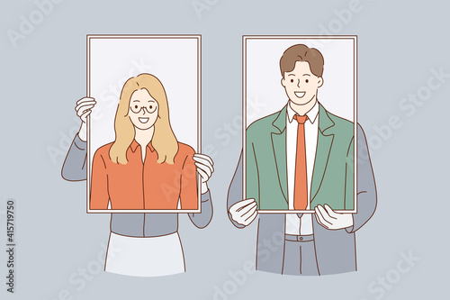 Business identity, self portraits concept. Woman and man business people cartoon characters standing and holding self portraits with smiles in hands together illustration 