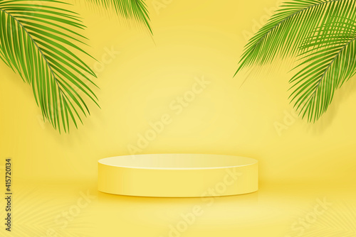 3D stage podium mockup on yellow background with palm tree leaves for food and product placement in tropical concepts  vector illustration