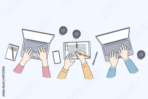 Business meeting with laptops concept. Hands of business people partners sitting in office with laptops and notebook having brainstorm together on corporate project illustration, top view