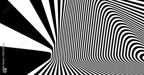 The geometric background by stripes. Black and white modern pattern with optical illusion. 3d vector illustration for brochure, annual report, magazine, poster, presentation, flyer or banner.