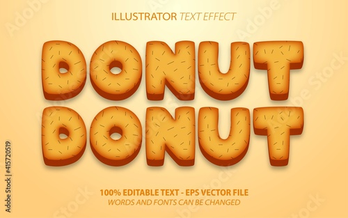 Donuts, 3d brown food cartoon style editable text effect Premium Vector