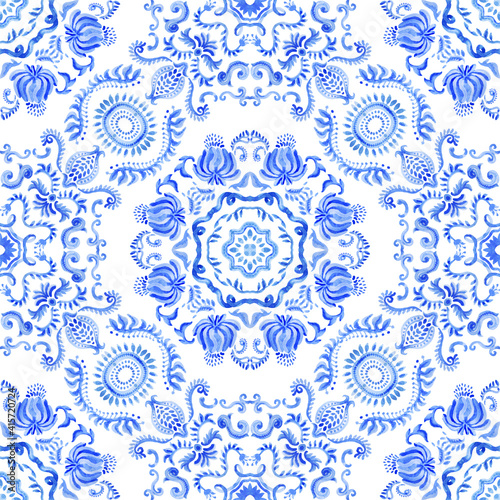 Watercolor painted Spanish tile with hand drawn Baroque and floral indigo blue ornaments in Mediterranean majolica ceramic painting style. Wallpaper décor, batik, carpet print isolated on a white back
