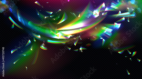 Rainbow crystal light, prism flare reflection, lens refraction, glass, jewelry or gem stone glare, optical physics effect isolated on black and transparent background, Realistic 3d vector illustration
