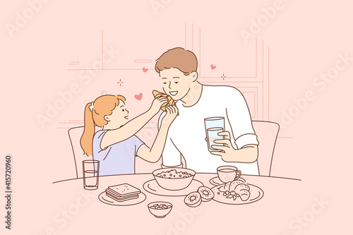 Happy Fathers day, spending time with children concept. Smiling happy young man father and his small daughter sitting and having breakfast together at home in kitchen illustration 